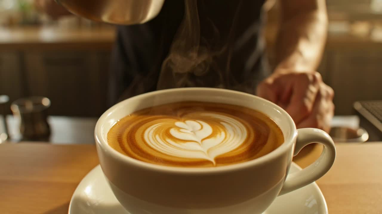 Grok Imagine Video output, final frame of the latte art pour test