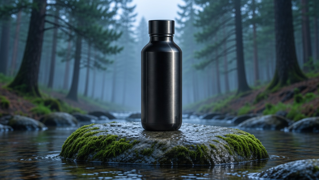 Bria FIBO 1.5 Image Edit output, the same product relocated to a forest stream while preserving identity