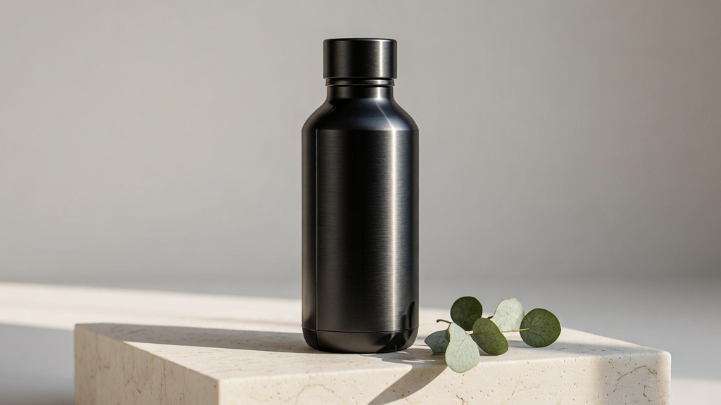 Bria FIBO 1.5 output, matte black product bottle hero shot for a marketing use case example