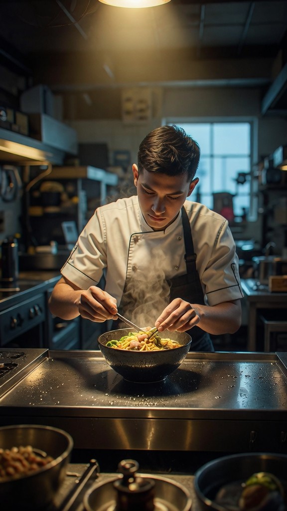Bria FIBO 1.5 vertical 9:16 output, a chef plating ramen, for short form social video production