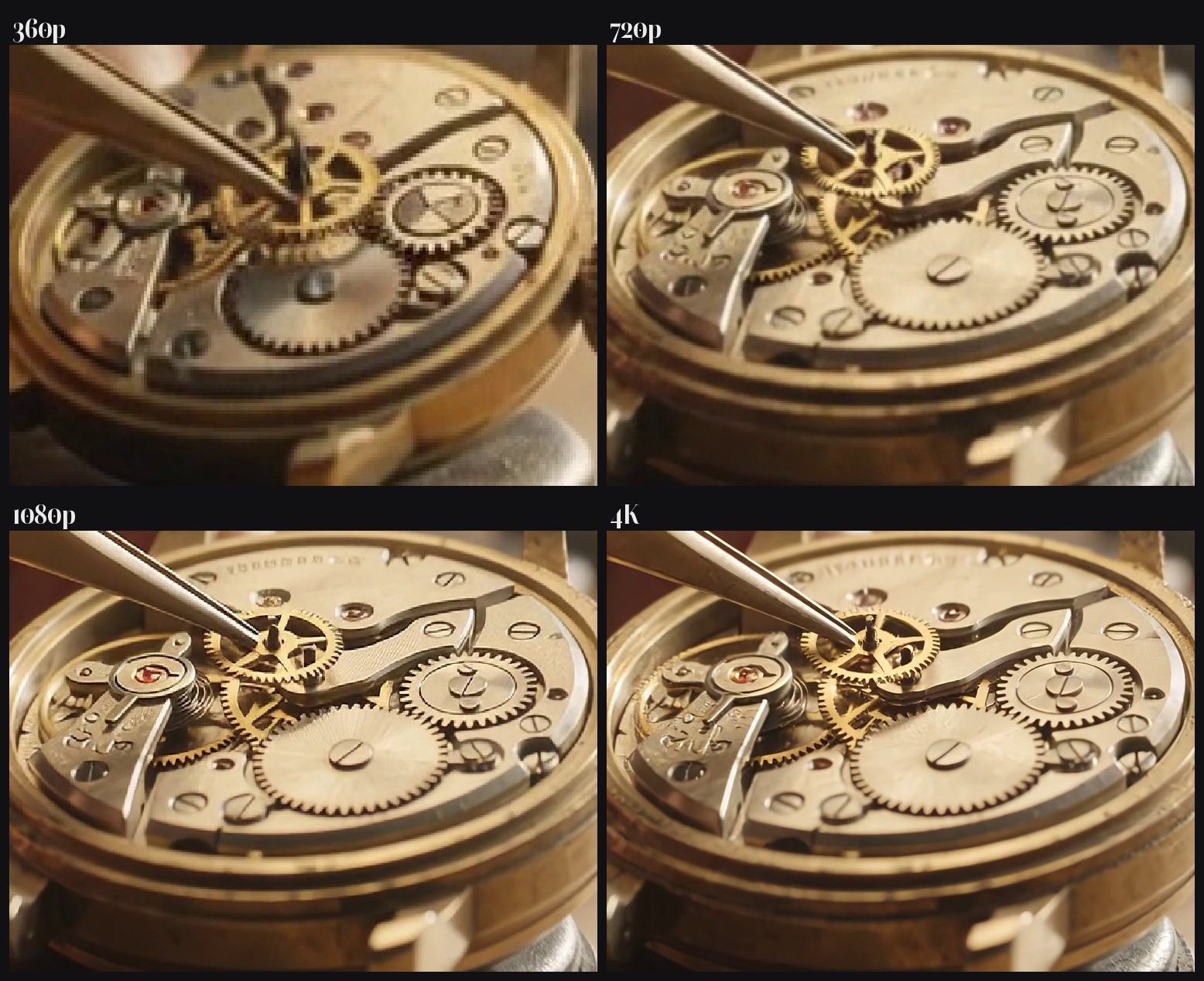 Gemini Omni 1.1 Flash output compared at 360p, 720p, 1080p and 4K on the same crop of a watch movement
