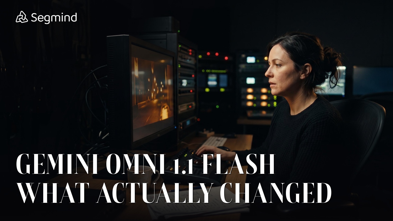 Gemini Omni 1.1 Flash guide, Segmind featured card showing a colourist at a grading suite