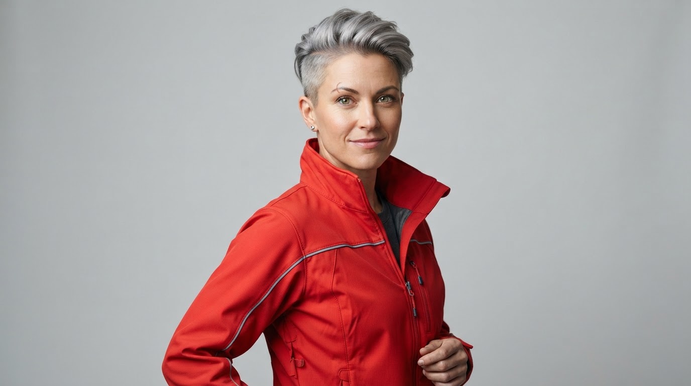 Reference image input: a character with a silver undercut and a scarlet technical jacket