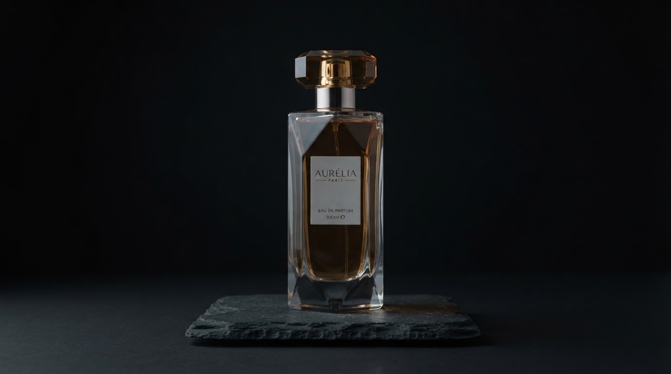 First frame input: a perfume bottle on slate under flat grey studio light
