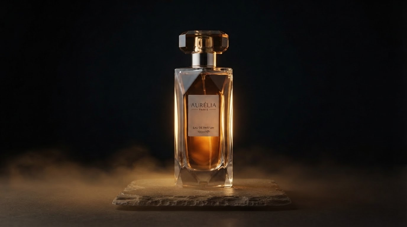 Last frame input: the same perfume bottle with a golden rim light and low haze