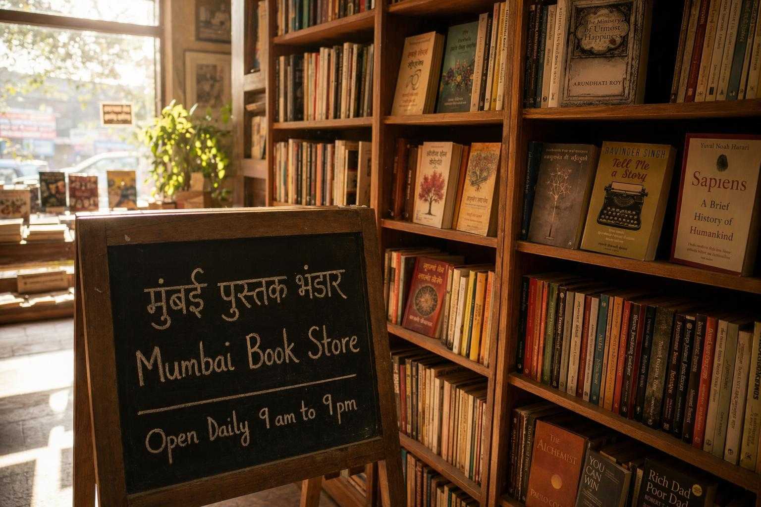 GPT Image 2 output: photorealistic Mumbai bookstore with Hindi Devanagari chalkboard signage example