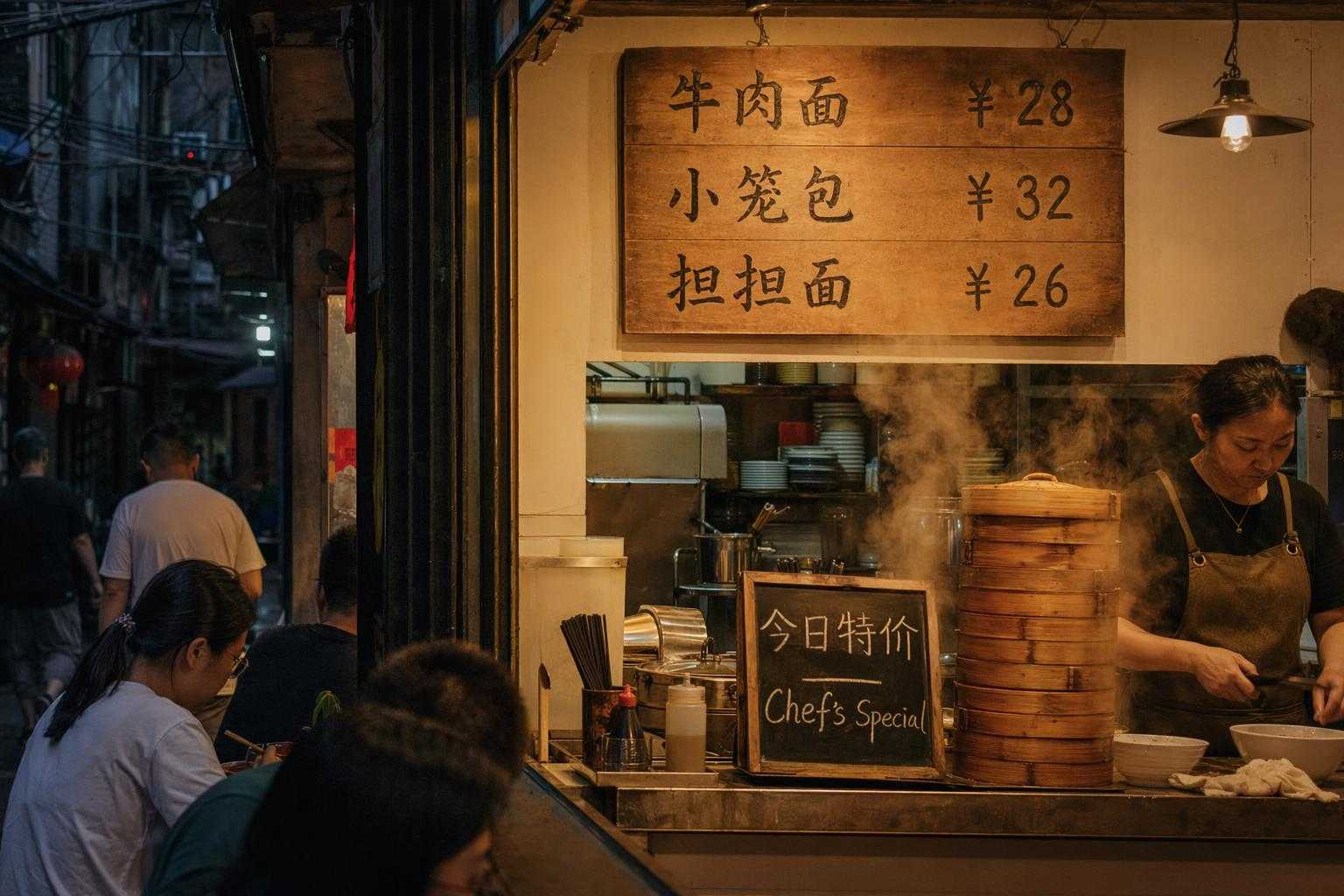 GPT Image 2 output: cinematic Shanghai noodle shop with Simplified Chinese menu board listing three dishes with prices