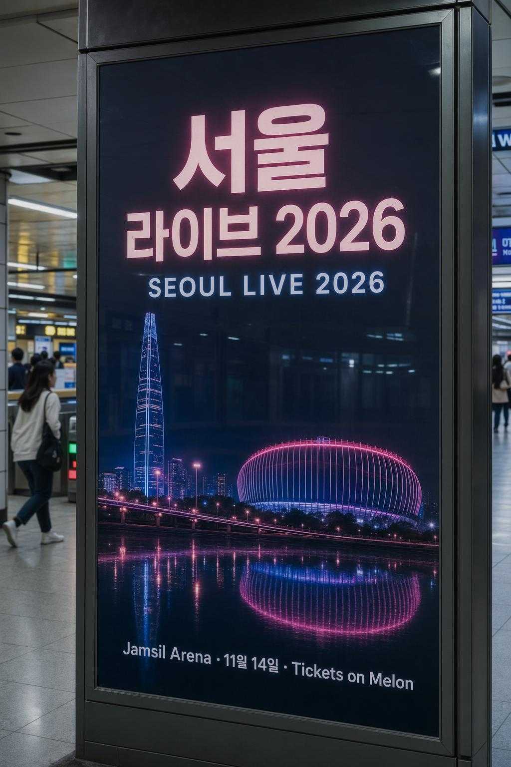 GPT Image 2 output: Seoul subway concert poster with Hangul headline, English subtitle, and venue details for MCN production use