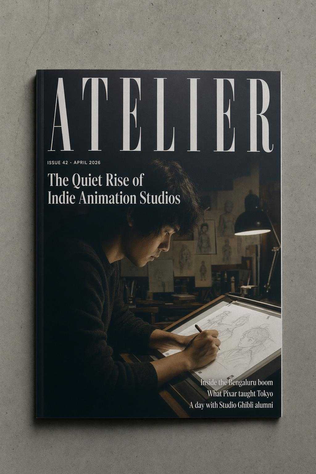 GPT Image 2 output: fictional ATELIER magazine cover with issue date, cover story, and dek lines for film prop use