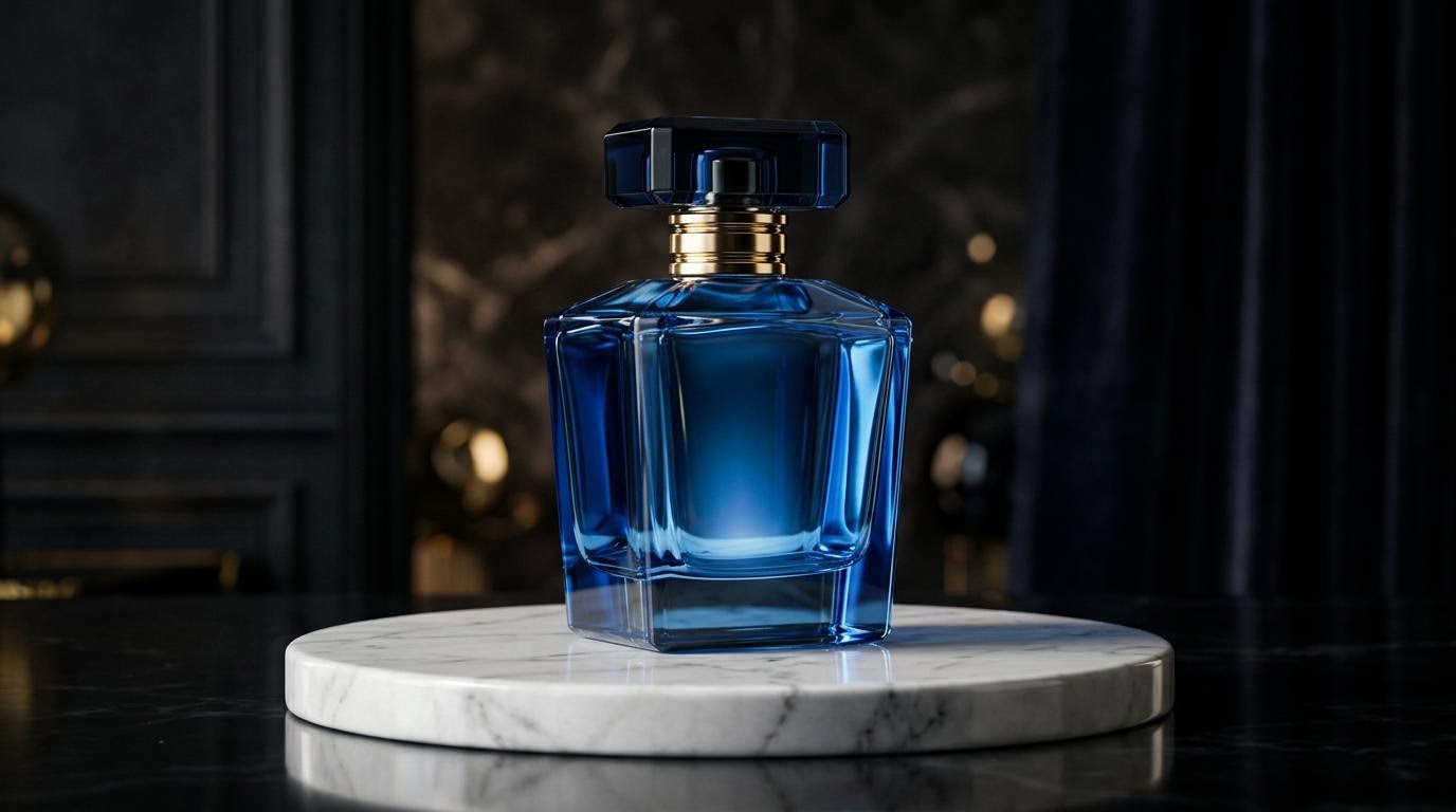 HappyHorse 1.1 input: blue glass perfume bottle product still used as the first frame
