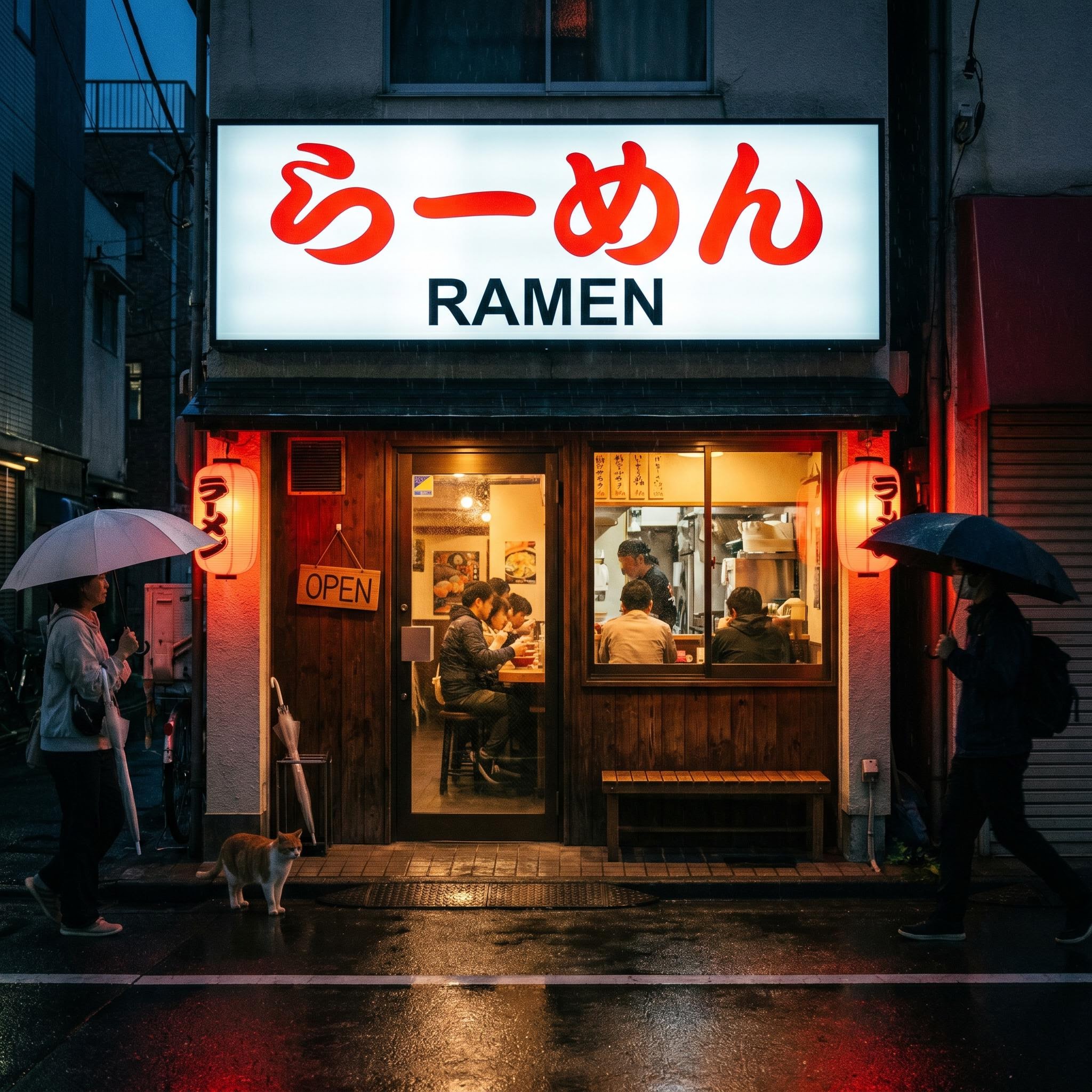 Nano Banana Pro output, ramen storefront at night with Japanese and English signage