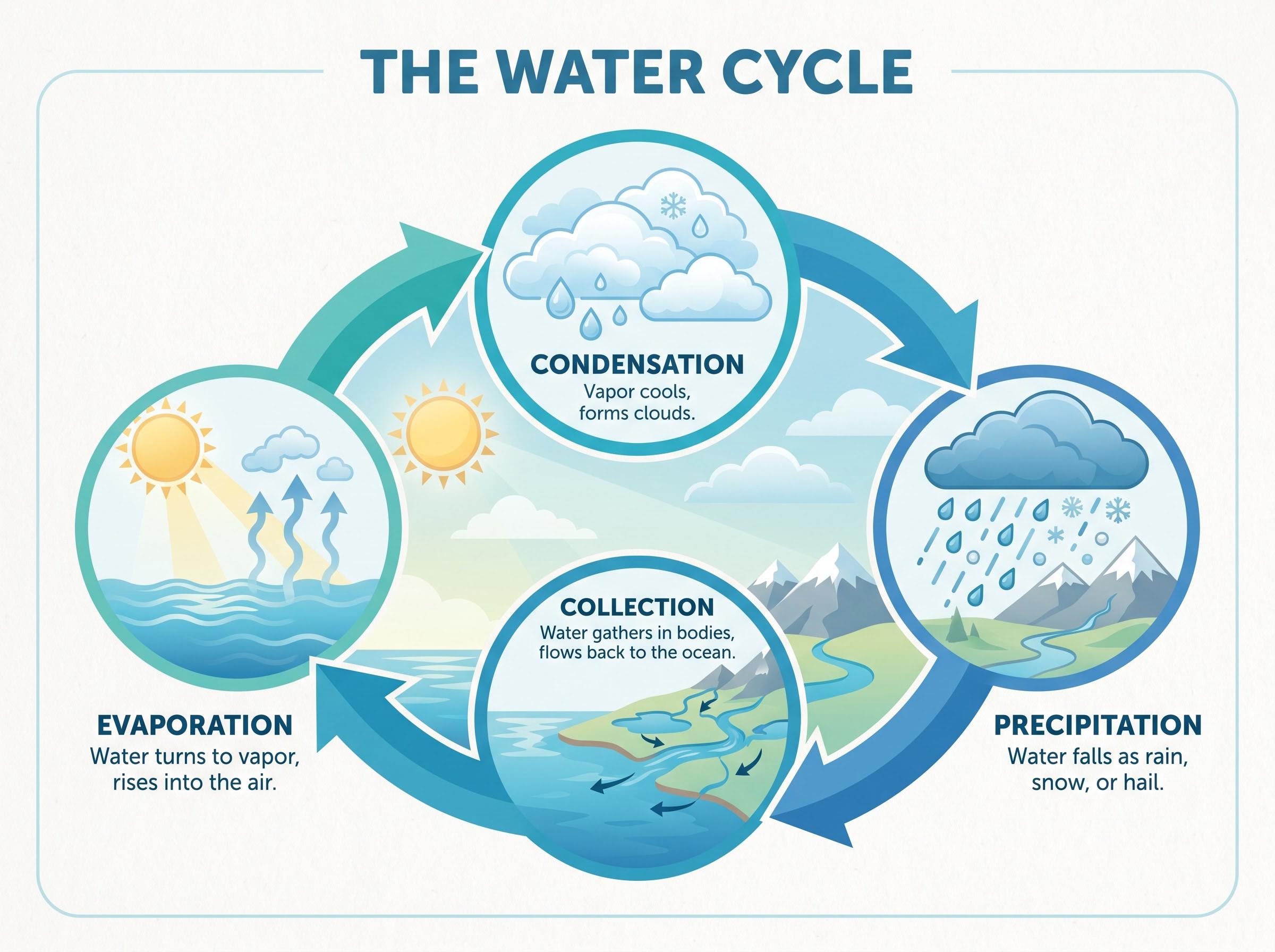 Nano Banana Pro output, water cycle infographic with legible captions