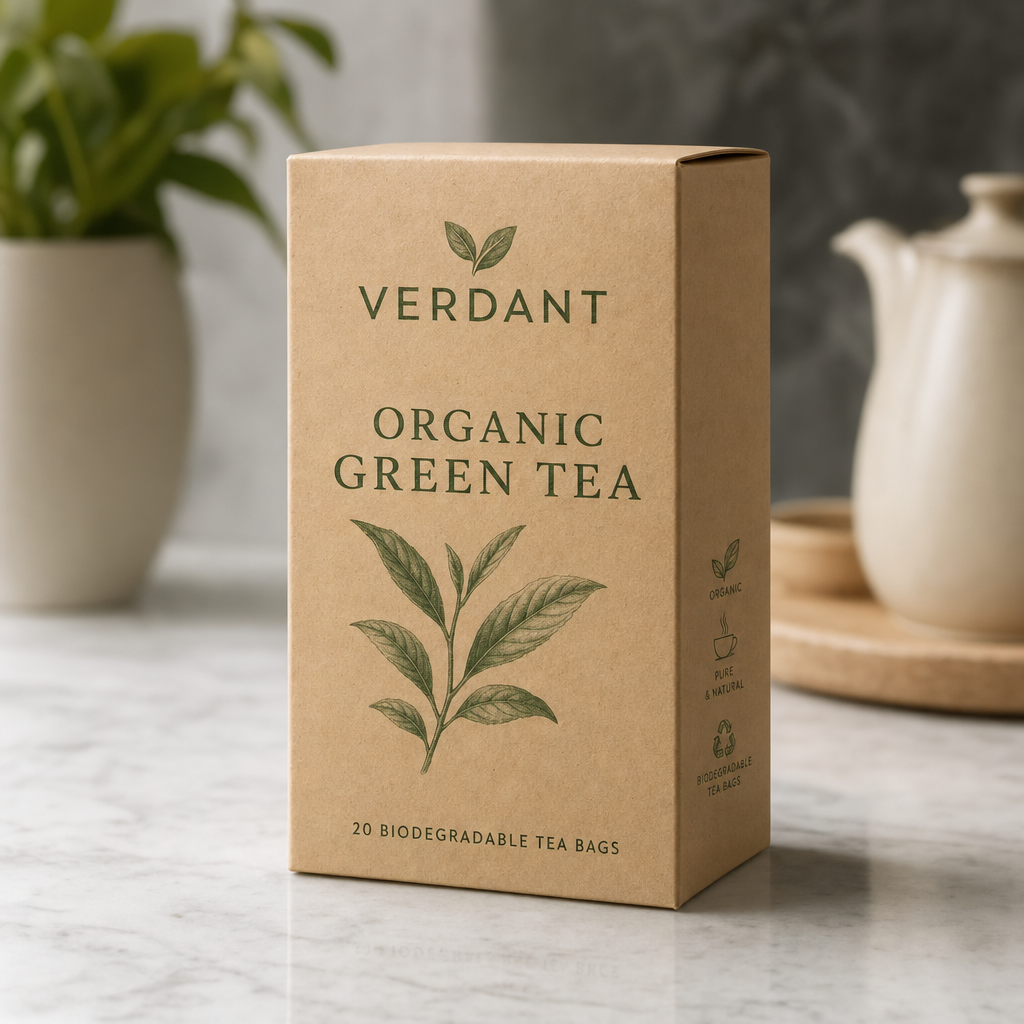 GPT Image 2 output, kraft tea box packaging mockup