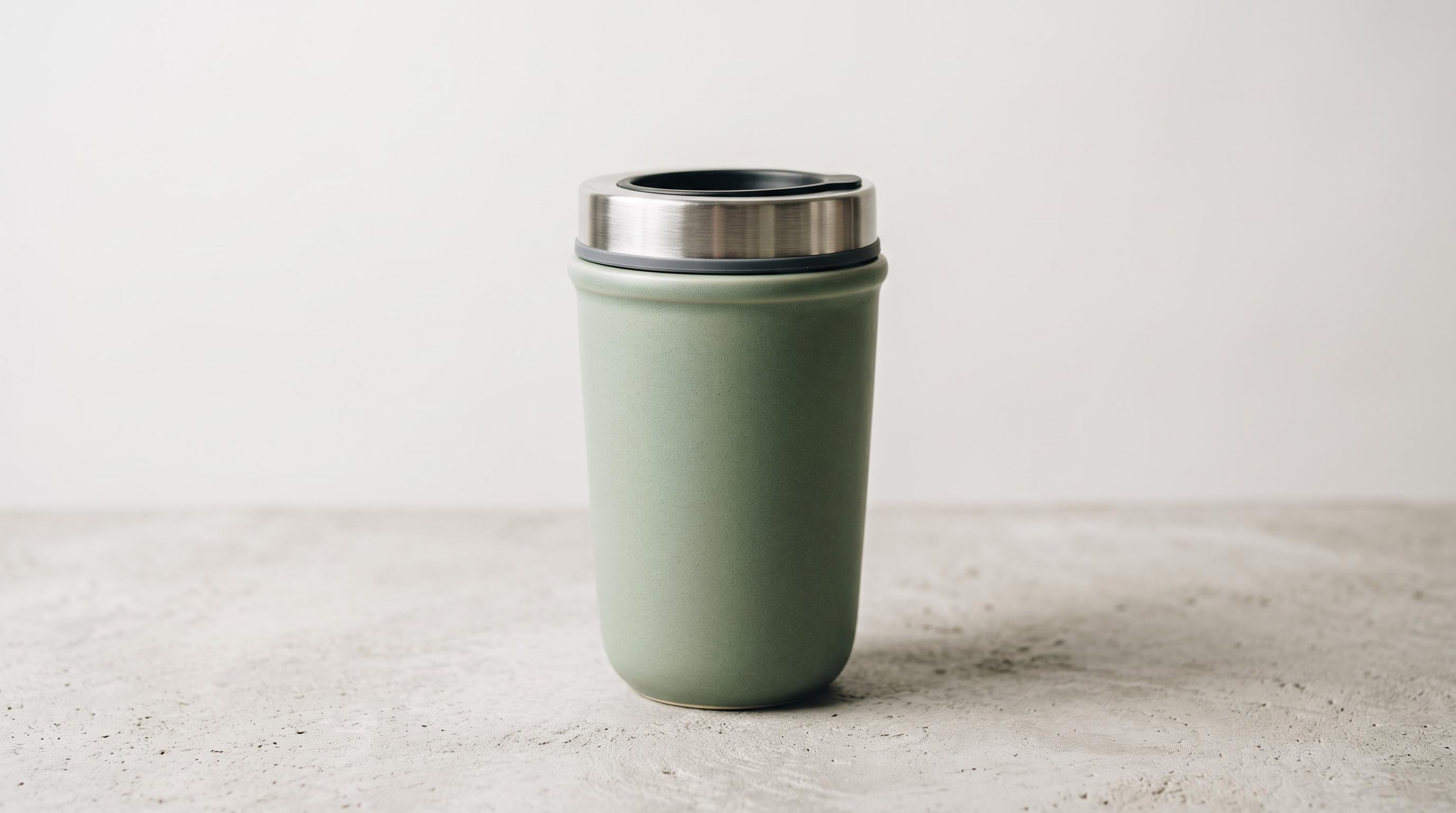 MiniMax H3 reference input, sage-green ceramic travel tumbler product still