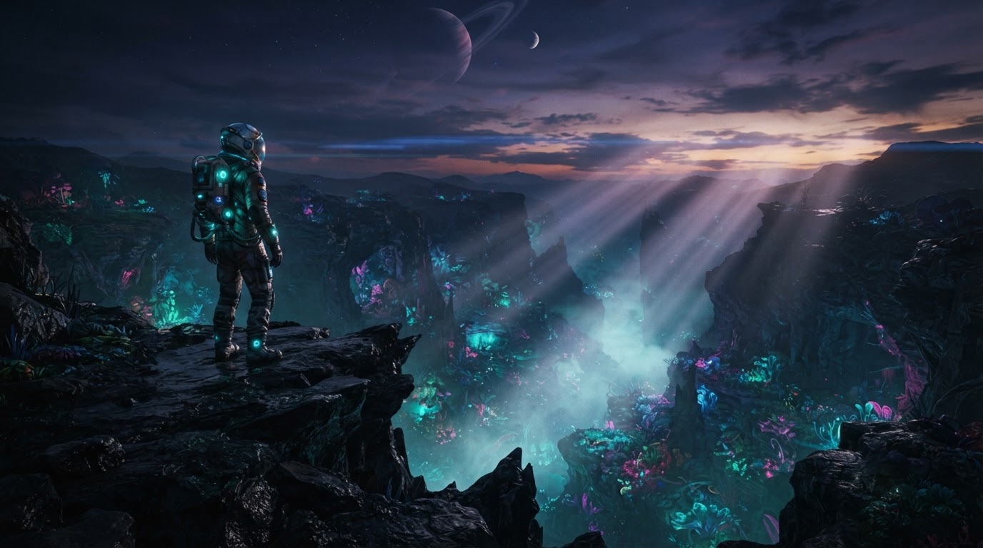 Nano Banana 2 Lite output, cinematic pre-visualization still of an astronaut at a bioluminescent alien canyon