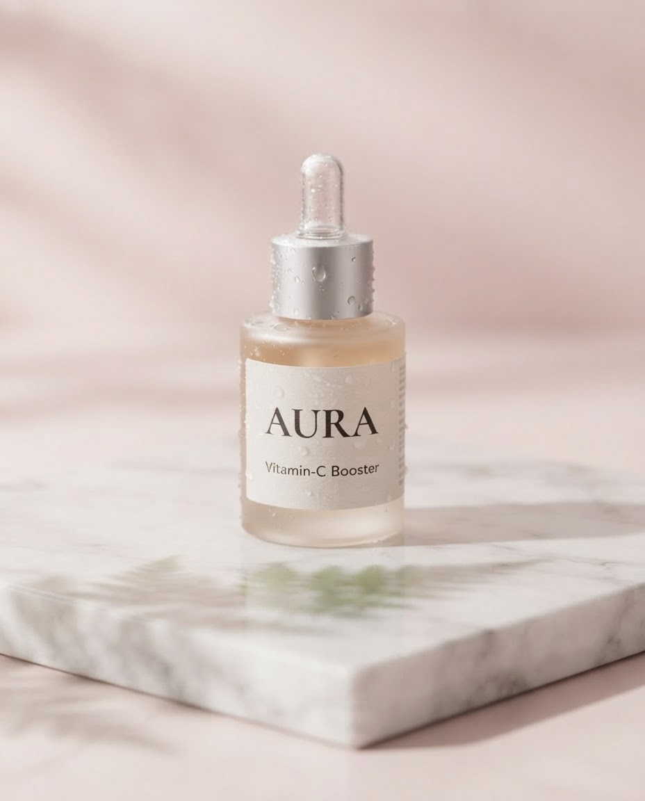 Edited Nano Banana 2 Lite output with the label changed to AURA on white marble
