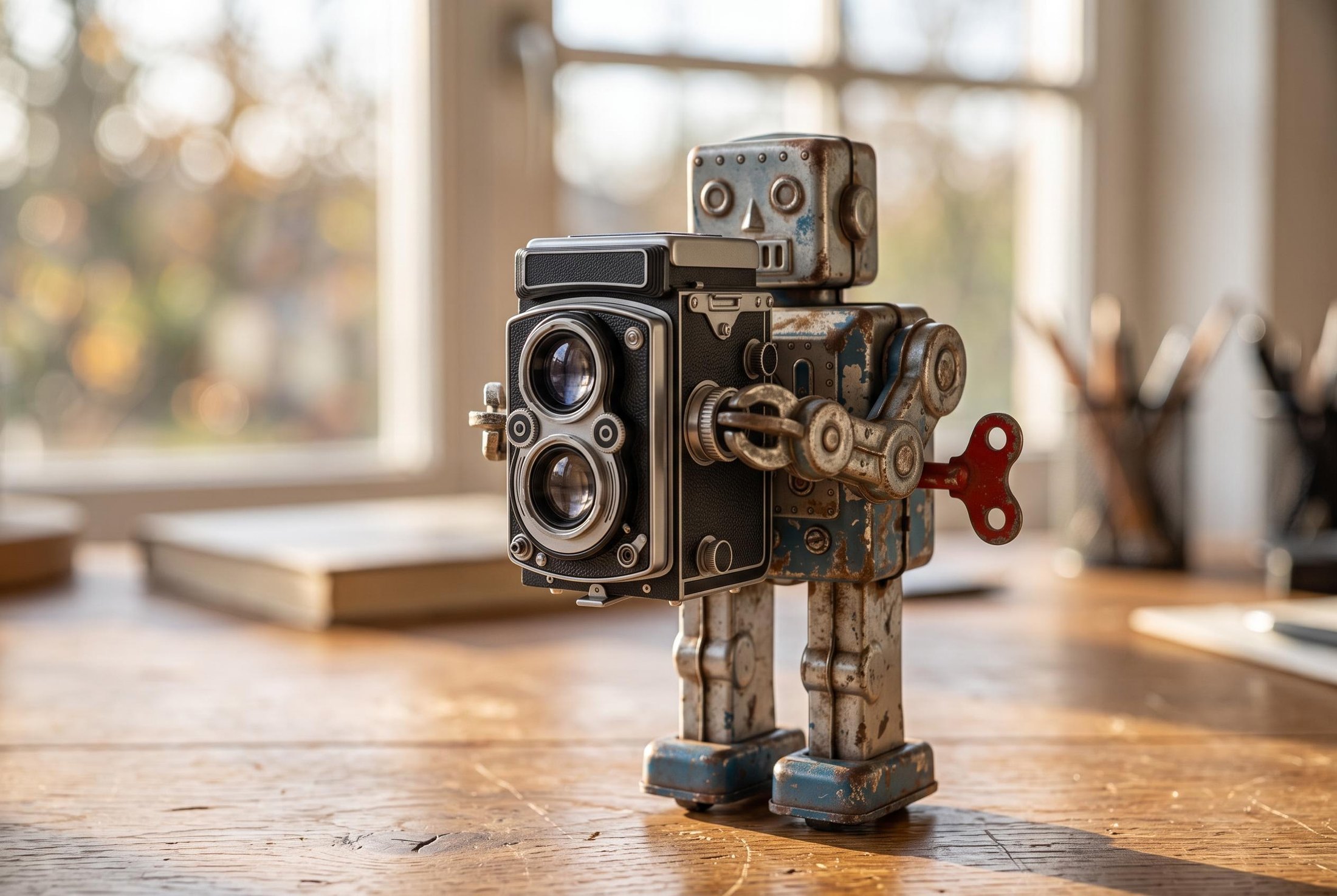 Nano Banana 2.1 multi-image fusion: a tin robot holding a vintage twin-lens camera on a sunlit desk