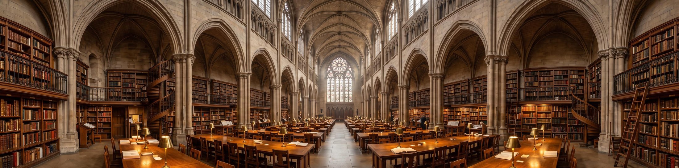 Nano Banana 2.1 ultrawide 4:1 panorama of a vaulted Gothic library interior