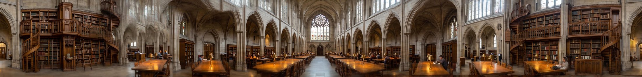 Nano Banana 2.1 ultrawide 8:1 panorama of a vaulted Gothic library interior