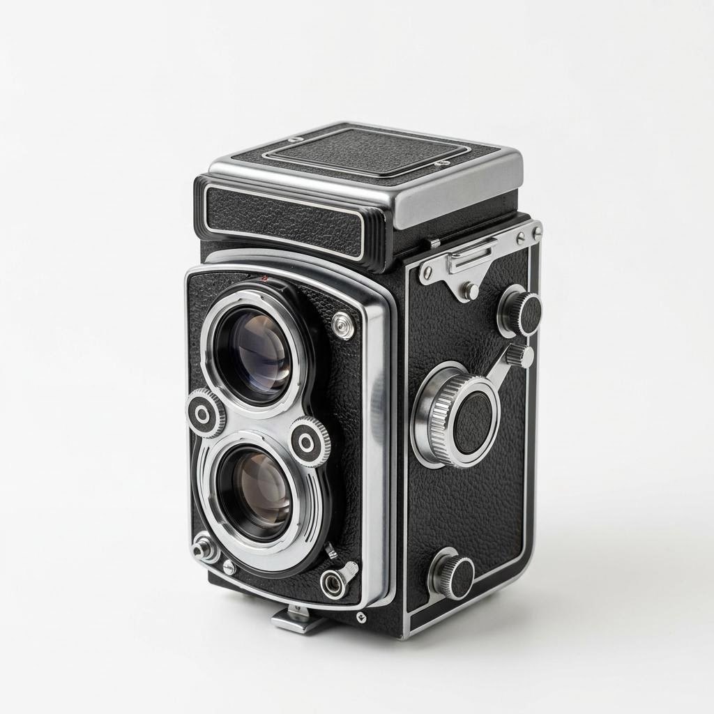 Vintage twin-lens reflex camera reference image for Nano Banana 2.1 fusion