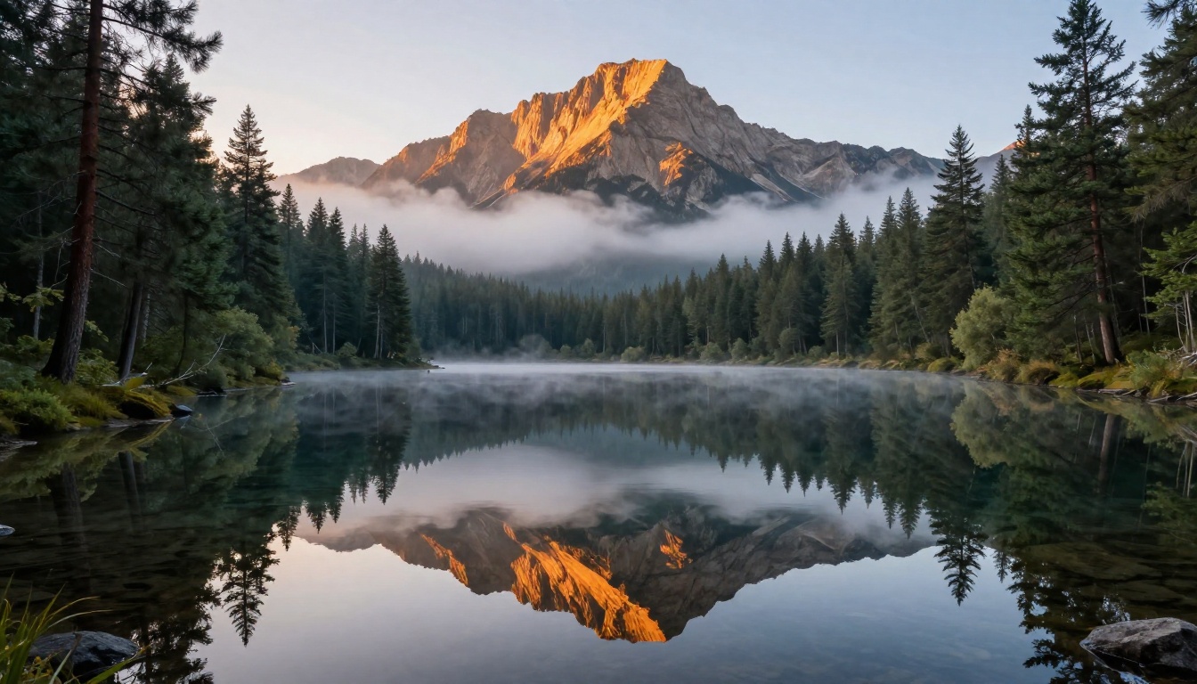 Pruna P Image output: photorealistic mountain lake landscape