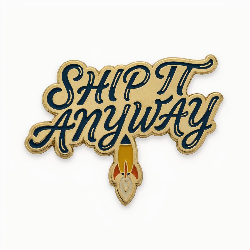 P-Image-Ideogram output, enamel pin design reading SHIP IT ANYWAY generated with default parameters