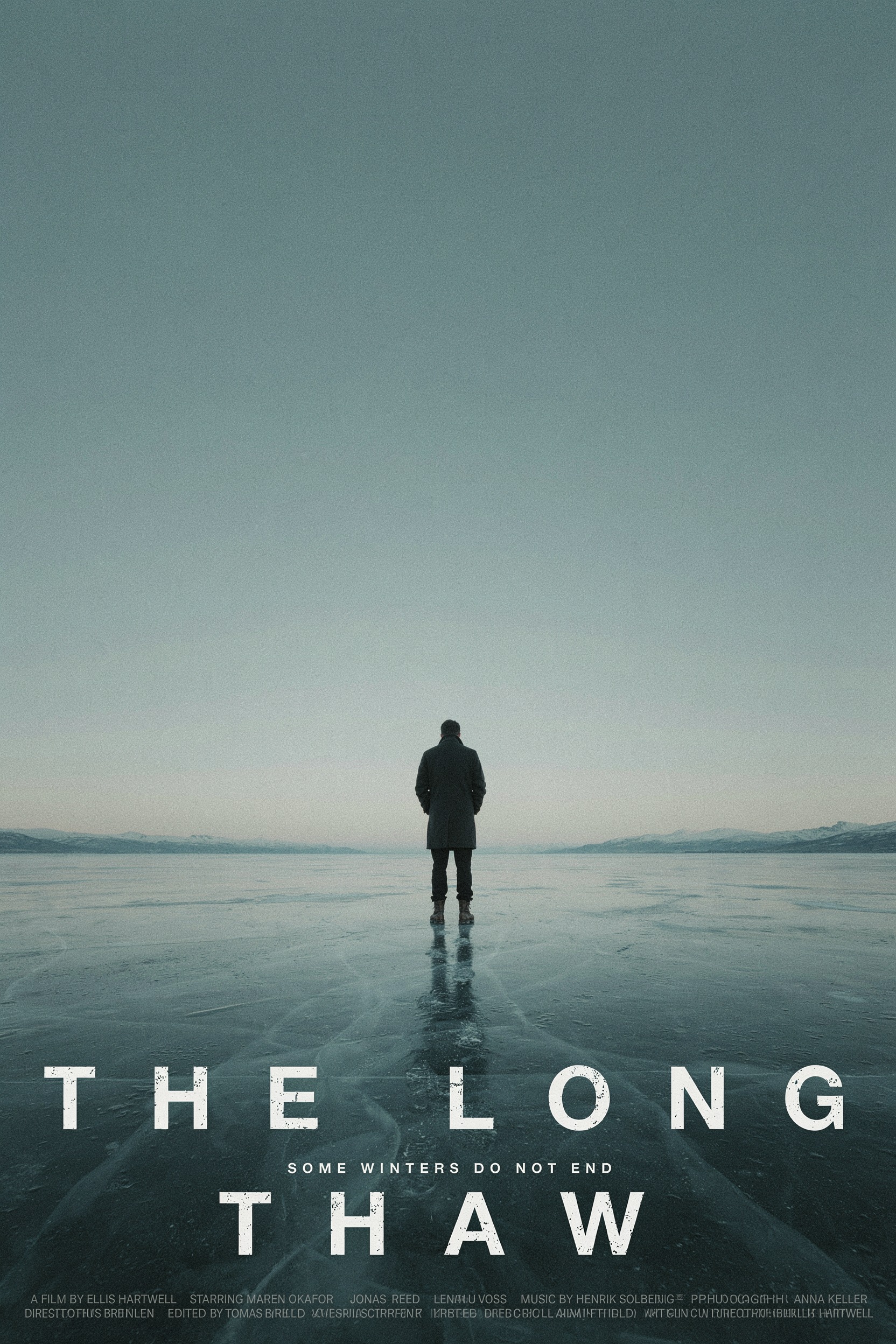 P-Image-Ideogram output, teaser film poster reading THE LONG THAW with the tagline SOME WINTERS DO NOT END
