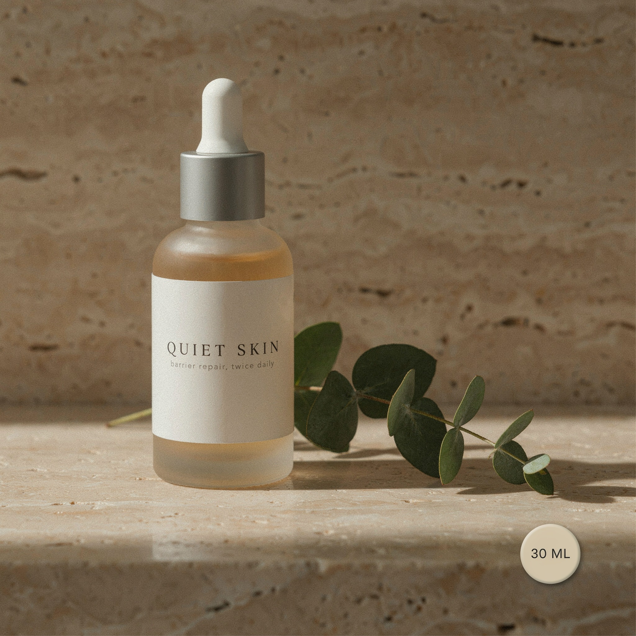 P-Image-Ideogram output, skincare serum product ad with the headline QUIET SKIN and a 30 ML badge rendered correctly