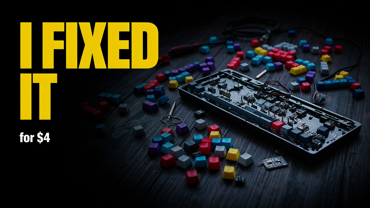 P-Image-Ideogram output, YouTube thumbnail reading I FIXED IT for $4 over a disassembled mechanical keyboard