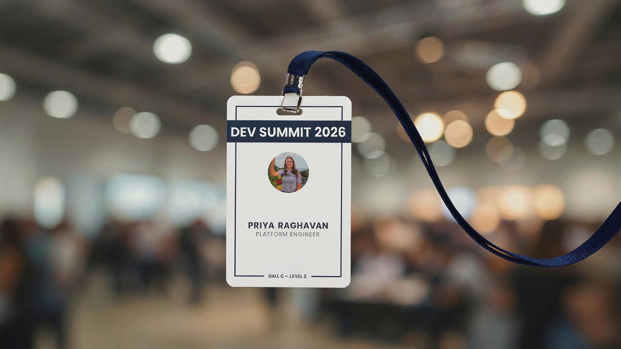 P-Image-Ideogram output at thinking medium, conference badge with all four text lines rendered correctly