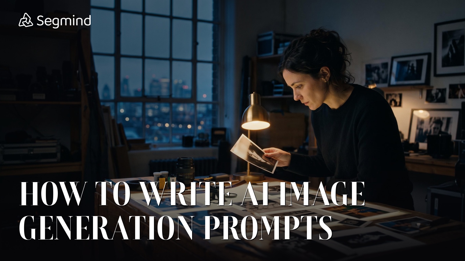 A photographer studying prints at a light table, featured image for a guide to writing AI image generation prompts
