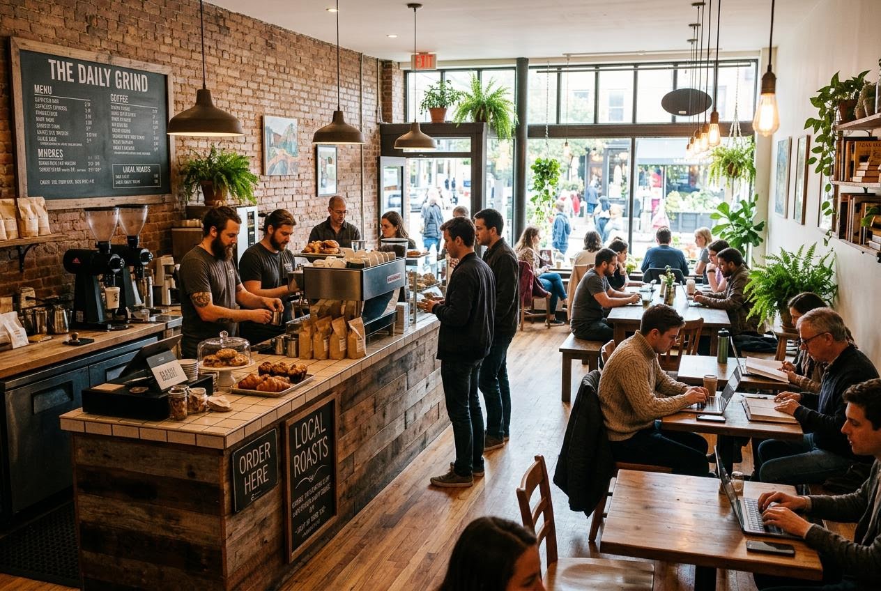 Wide AI generated coffee shop interior from the one-word prompt a coffee shop, Nano Banana 2