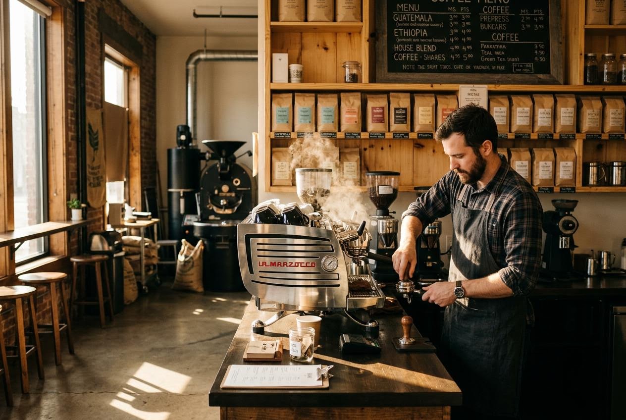 AI generated coffee roastery with raking morning window light, Nano Banana 2