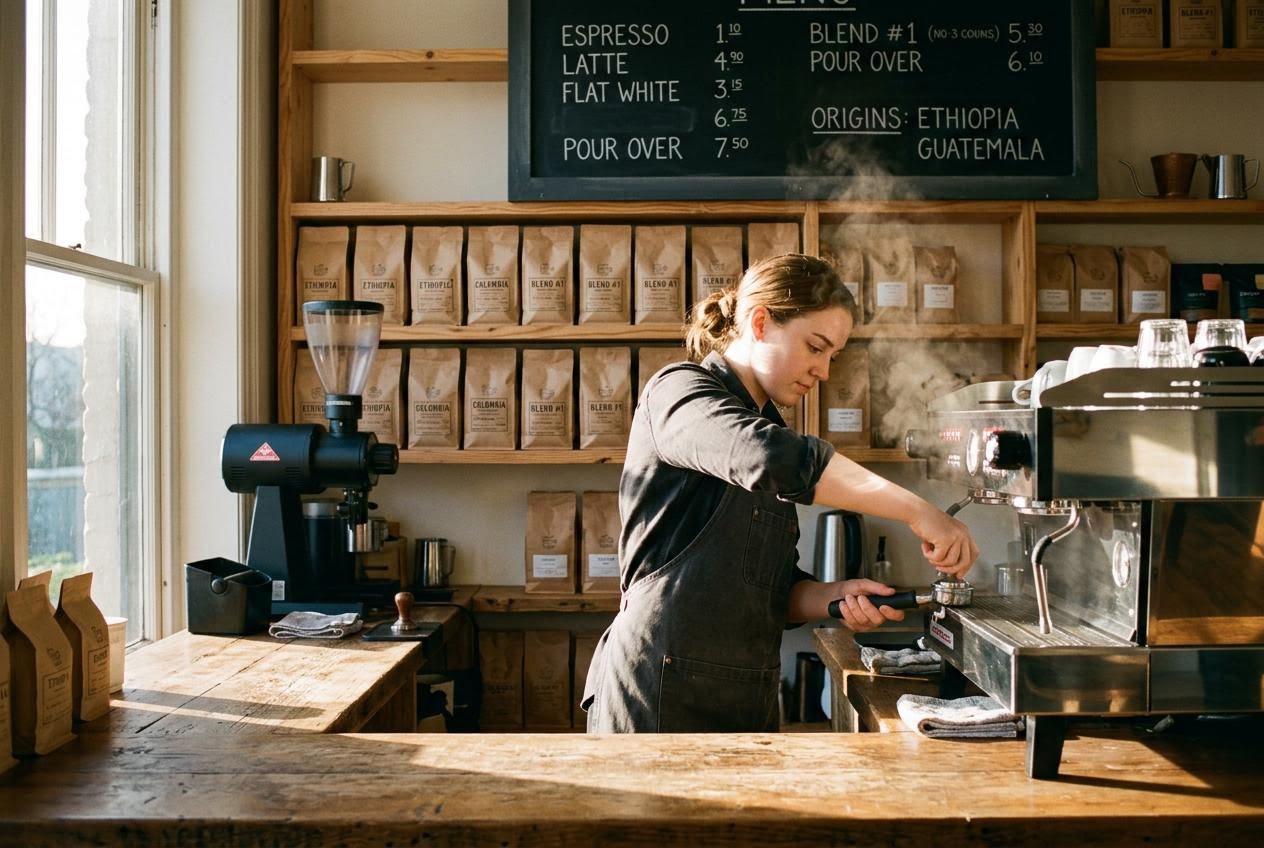 AI generated barista portrait with 35mm shallow depth of field, Nano Banana 2