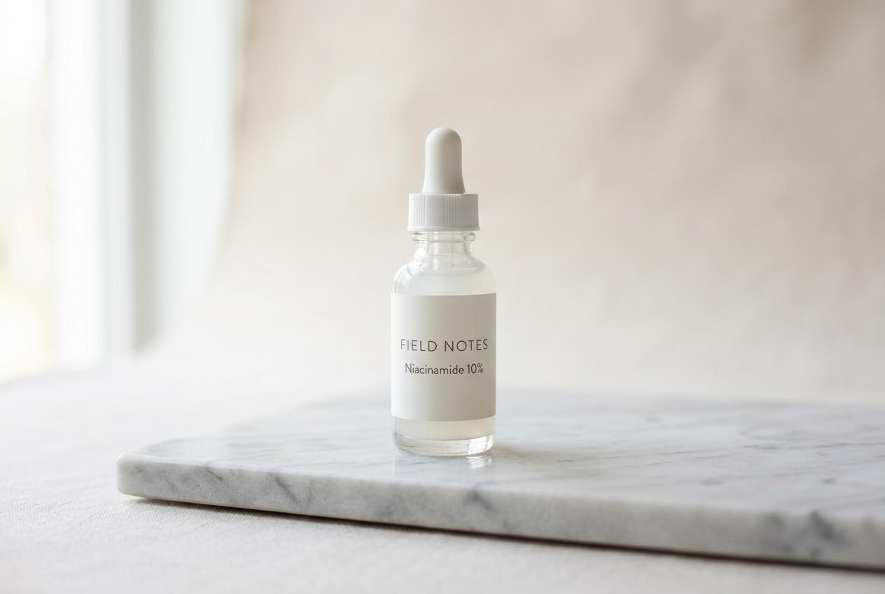 AI generated serum bottle with a controlled two line label reading FIELD NOTES, Nano Banana 2