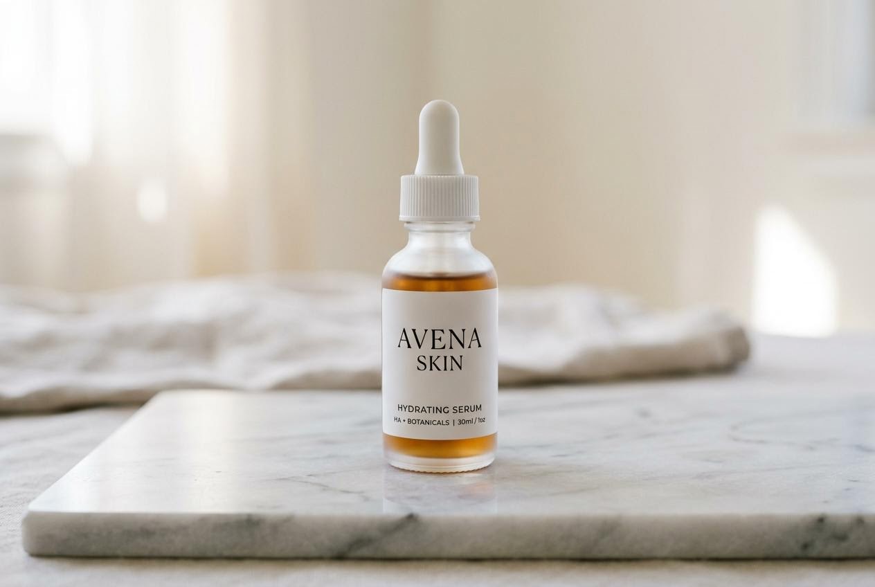 AI generated serum bottle with an invented brand label reading AVENA SKIN, Nano Banana 2