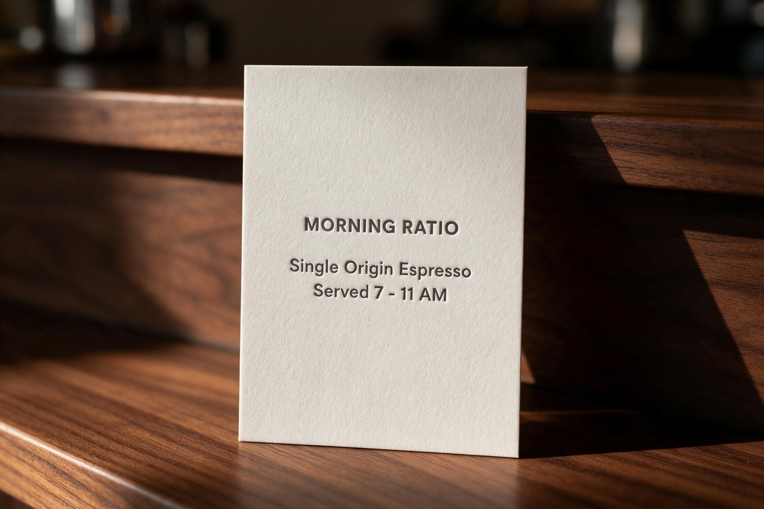 Seedream 5.0 Pro rendering three exact lines of debossed text on a cafe menu card