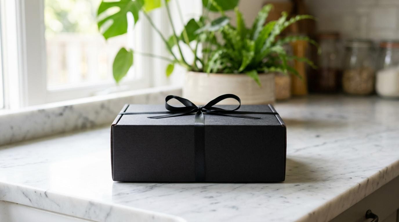 First frame input for Pruna P Video 2 Pro: closed black gift box on a marble counter