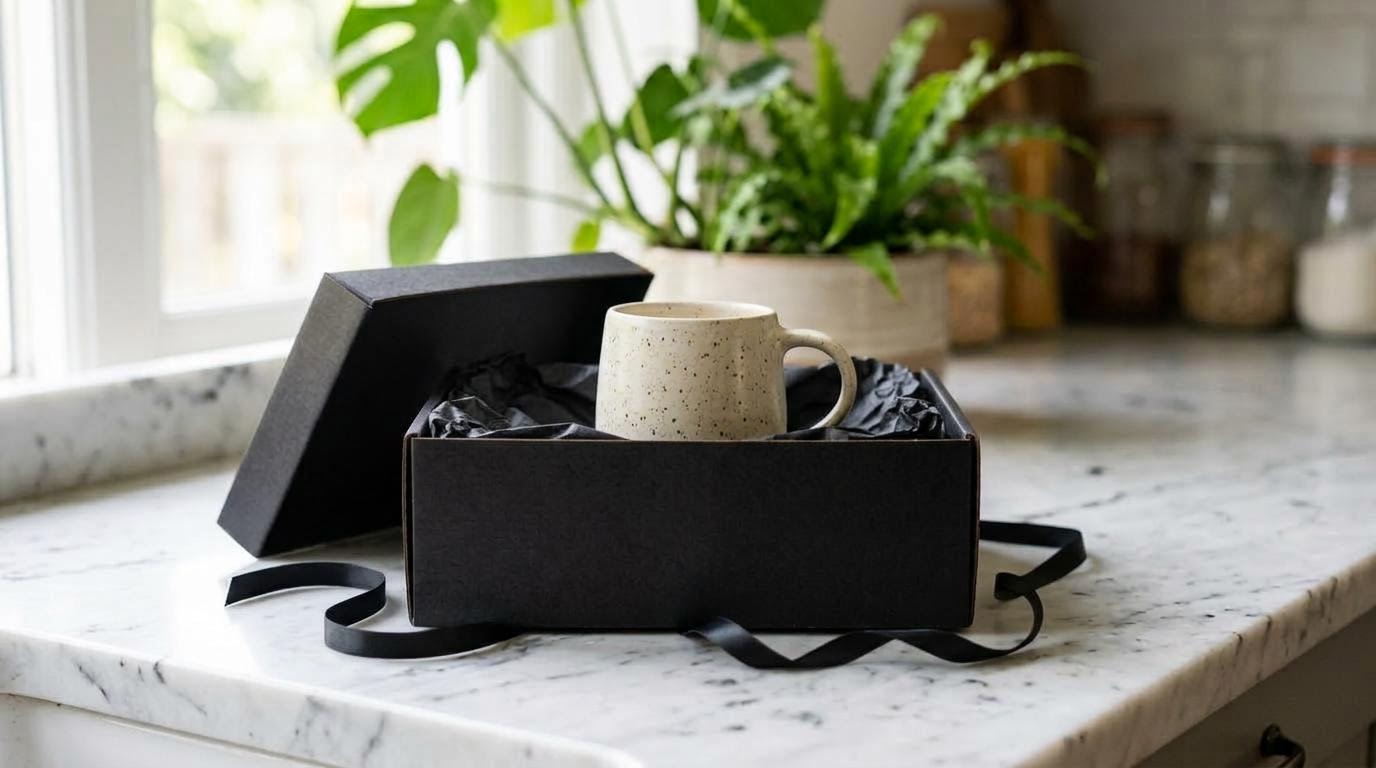 Last frame input for Pruna P Video 2 Pro: open gift box with a speckled ceramic mug