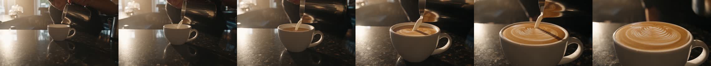 480p: dark stone counter, no barista in frame contact strip, six evenly spaced frames