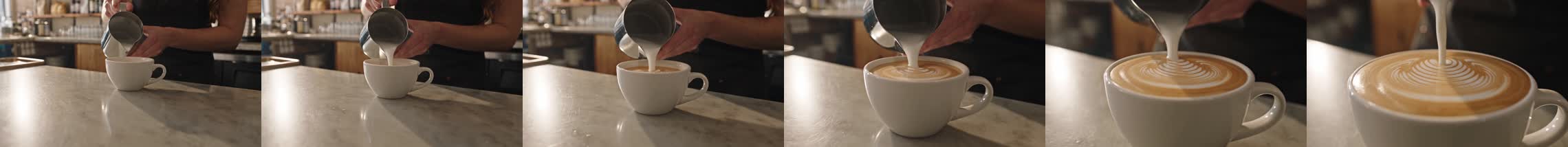 720p: pale marble counter, barista in shot contact strip, six evenly spaced frames