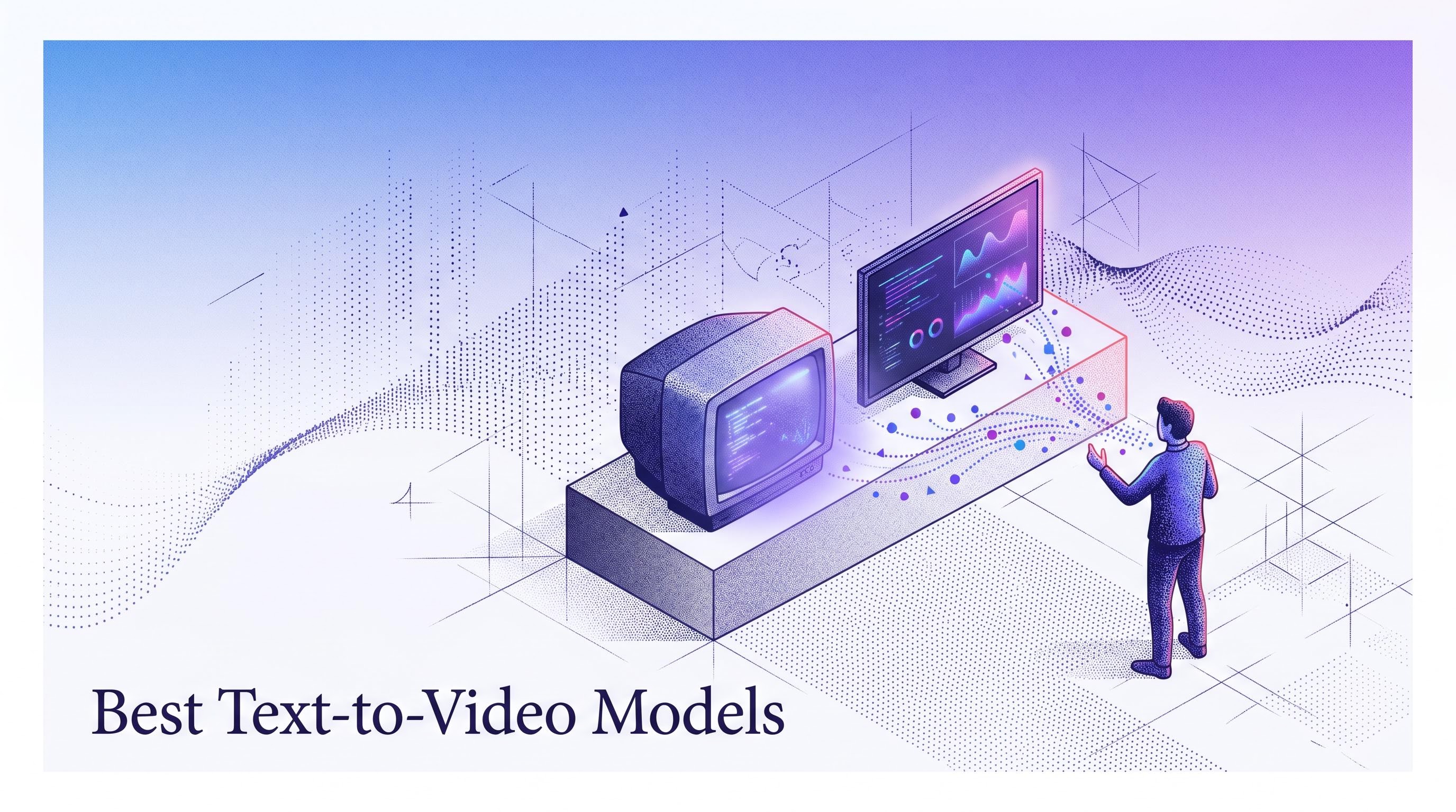 Isometric pointillism illustration showing text becoming motion across CRT and LCD displays