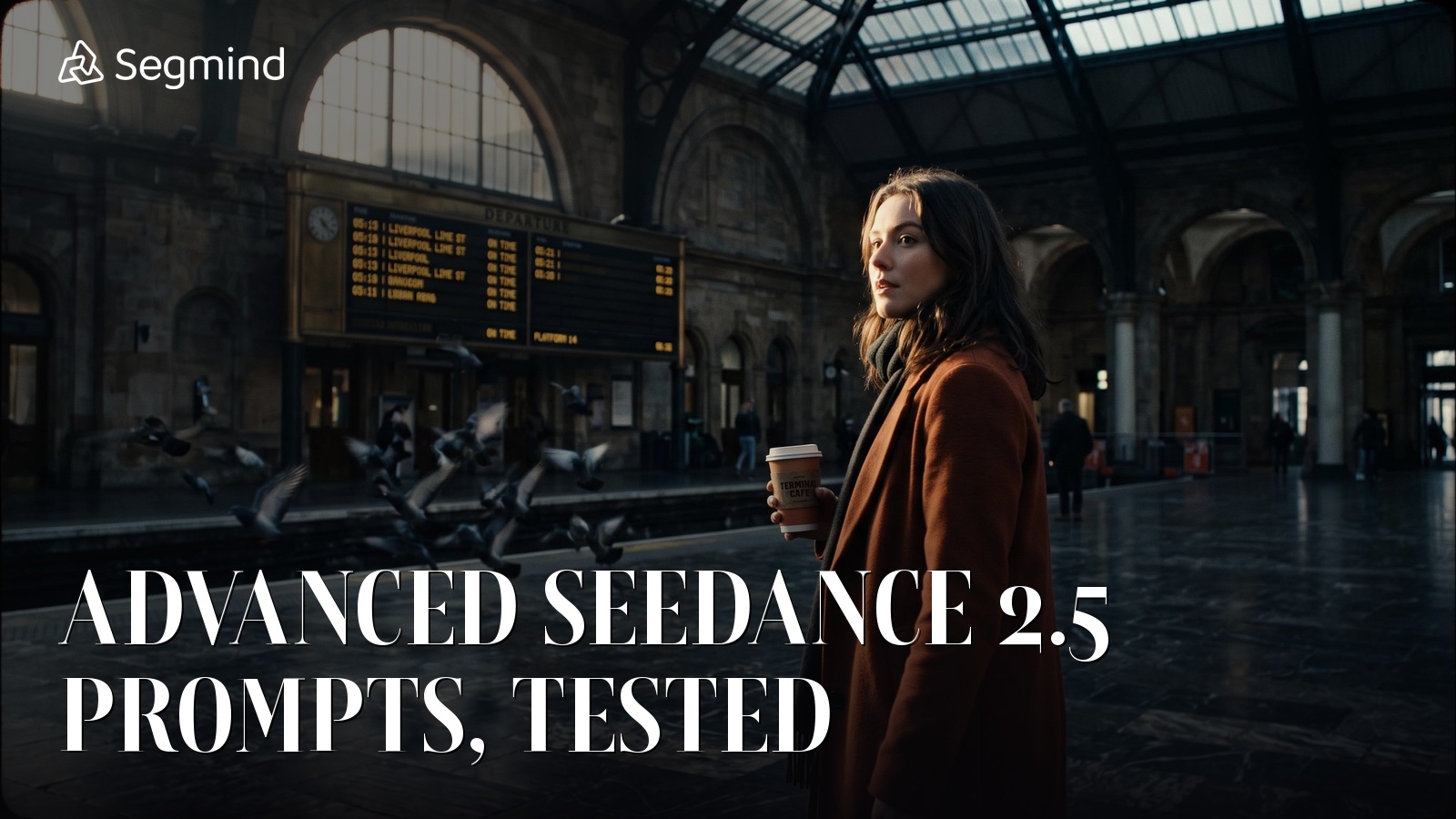 Seedance 2.5 advanced prompts: cinematic railway terminal still with the Segmind logo