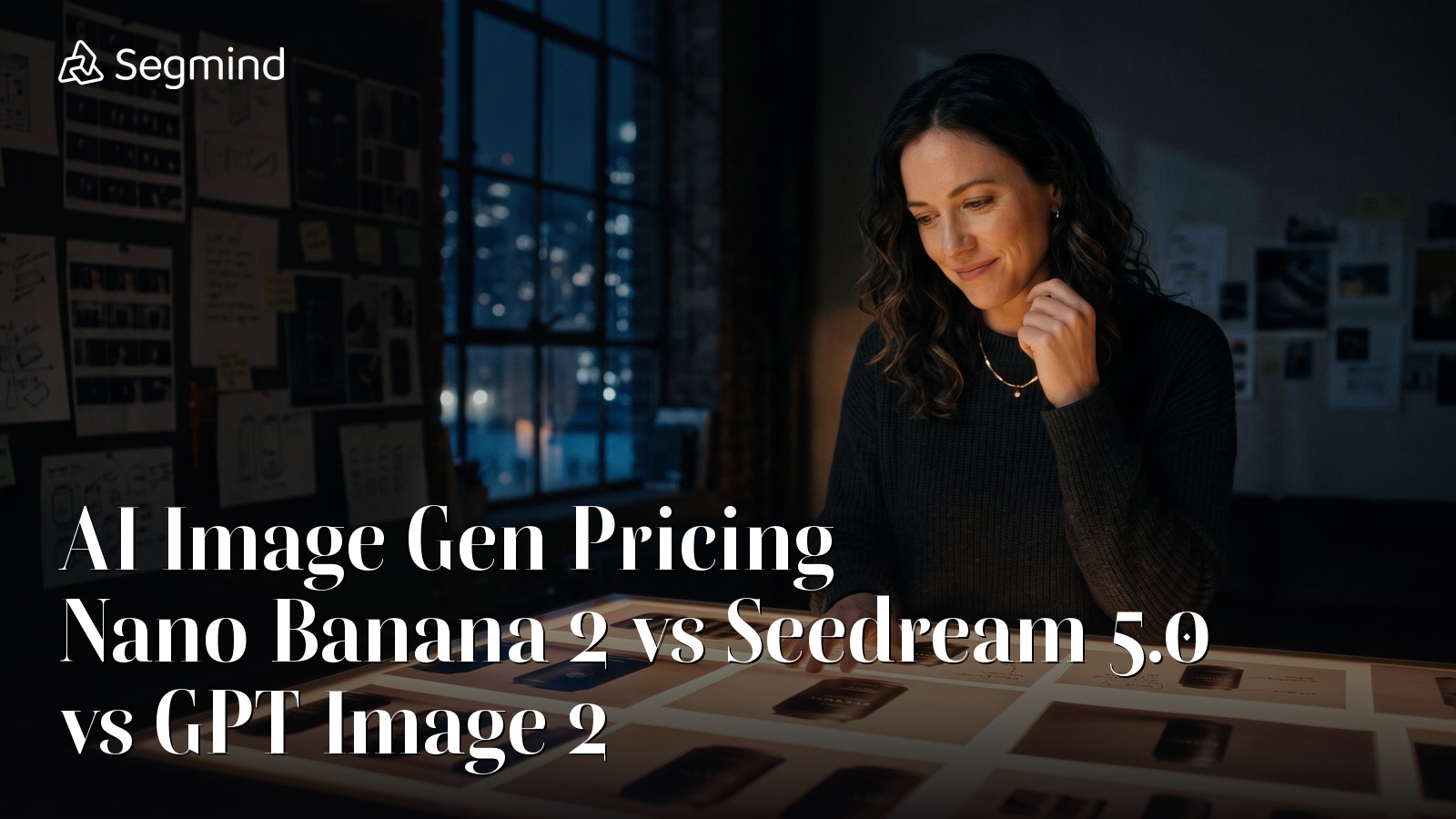 Creative director reviewing printed product photographs on a lit table, with the post title AI Image Gen Pricing: Nano Banana 2 vs Seedream 5.0 vs GPT Image 2