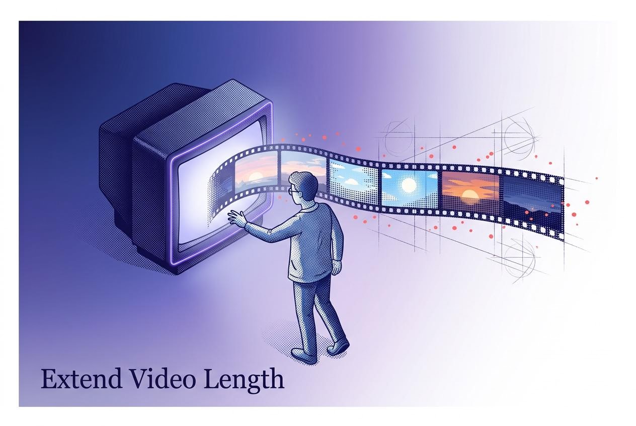 Isometric illustration of a filmmaker reaching toward a CRT TV whose screen unfurls into a long ribbon of film frames, representing extended video length.