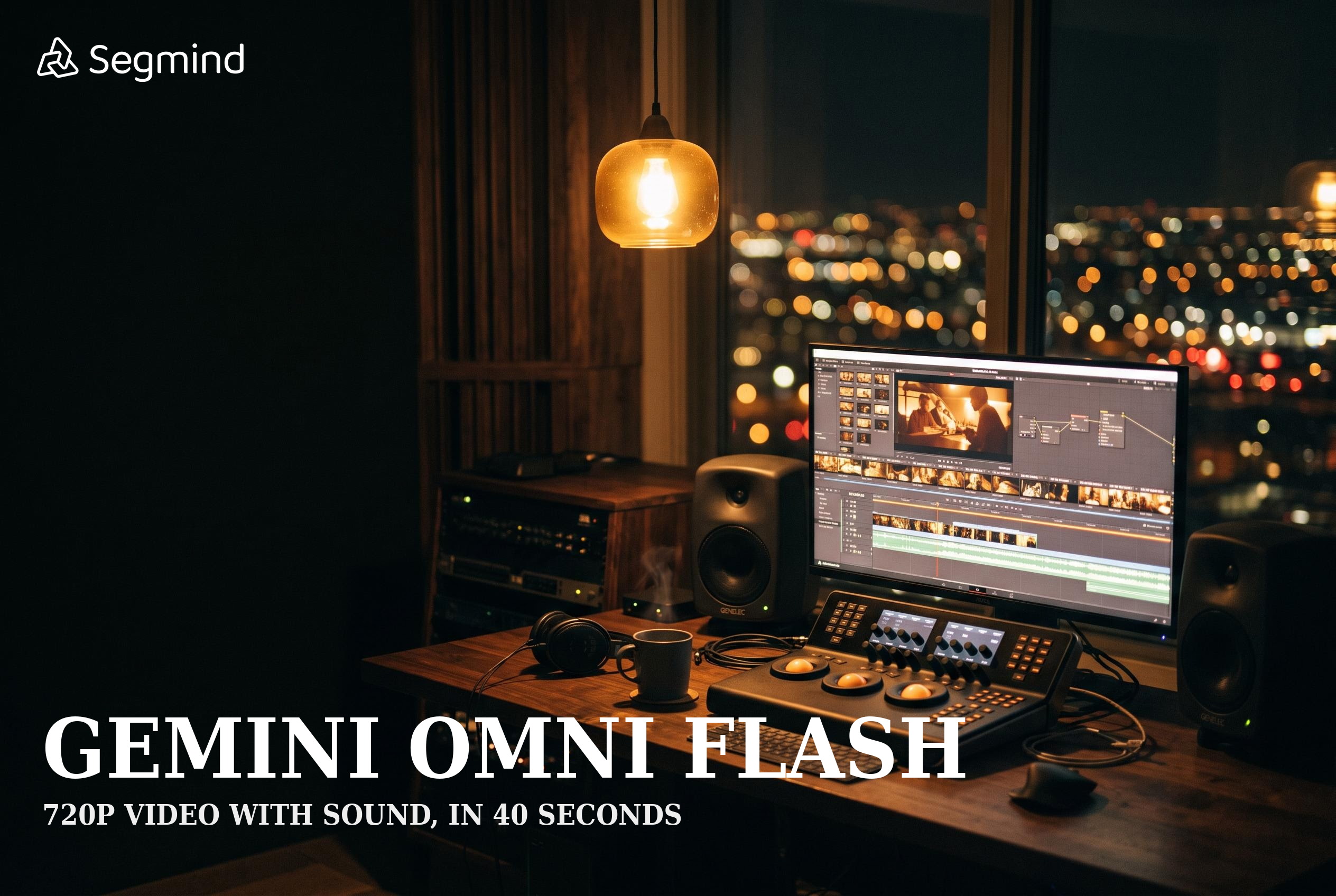 Gemini Omni Flash: cinematic video editing suite at night