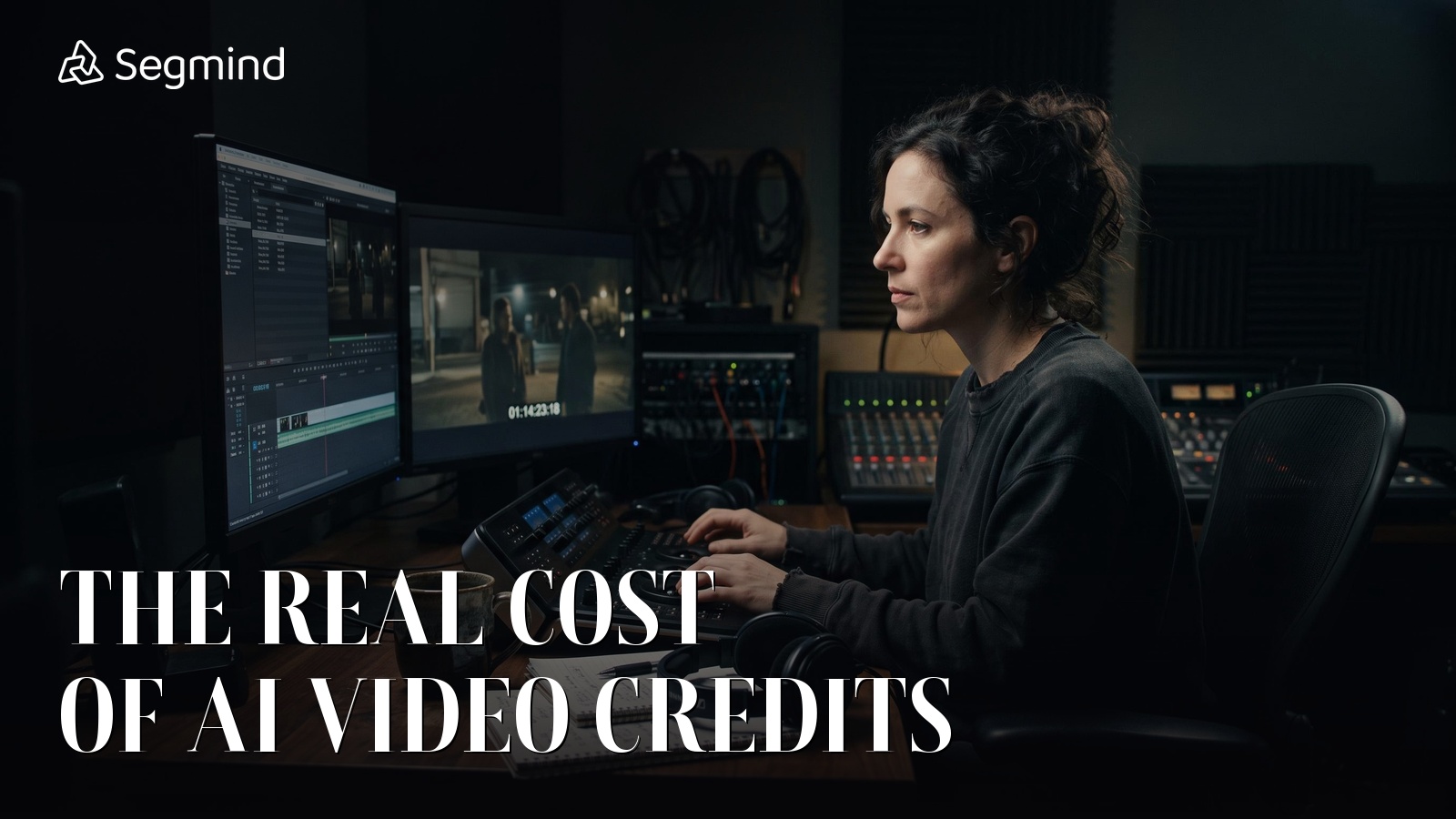 Film editor reviewing a cut in a dim editing suite, illustrating the real cost of AI video credits