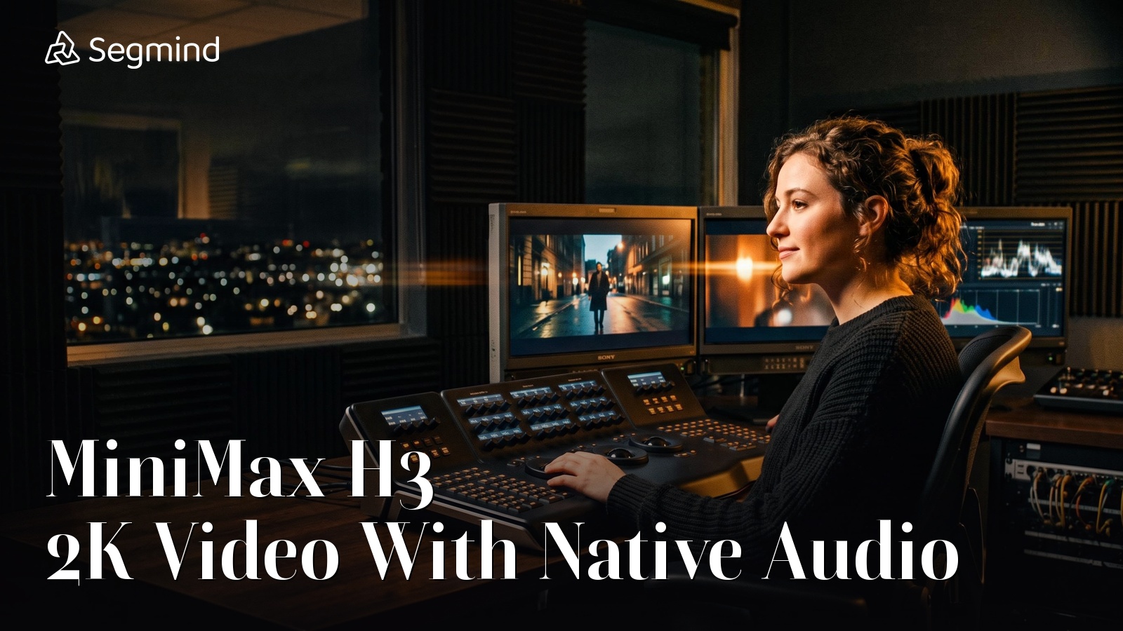 A colorist grading footage in a darkened suite, illustrating MiniMax H3 2K video with native audio