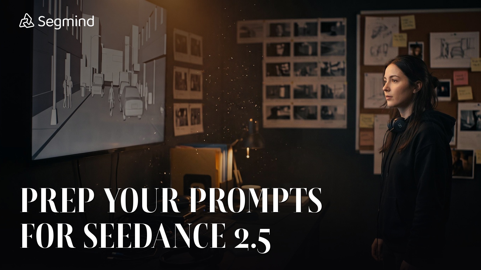 A director reviewing a 3D previs blockout in a dark edit suite, illustrating Seedance 2.5 prompt preparation