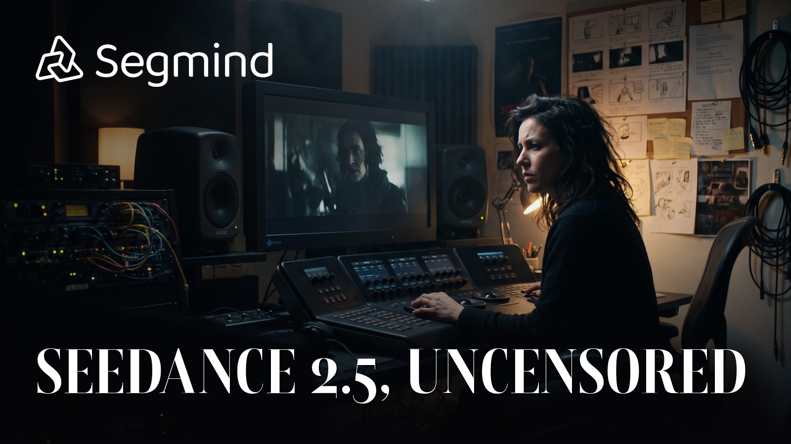 A film director in a dark colour grading suite lit by monitor glow, titled Seedance 2.5, Uncensored